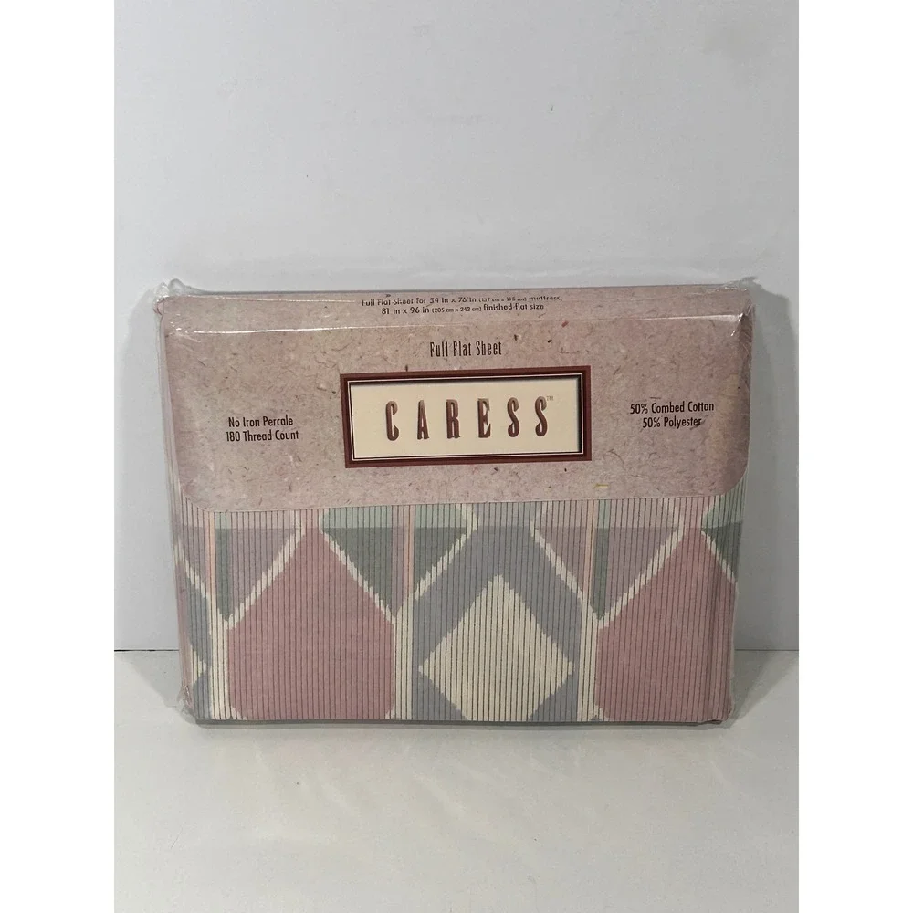 Vintage Caress Full Flat Sheet Geo Pastel Pink Grey 180 TC Percale Mervyns USA